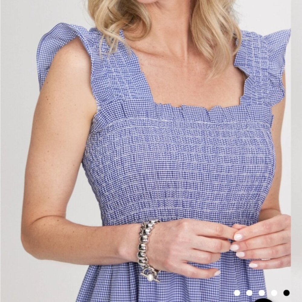 London Times Ruffled Sleeveless Smocked Midi Dress Gingham Blue - Picture 4 of 11